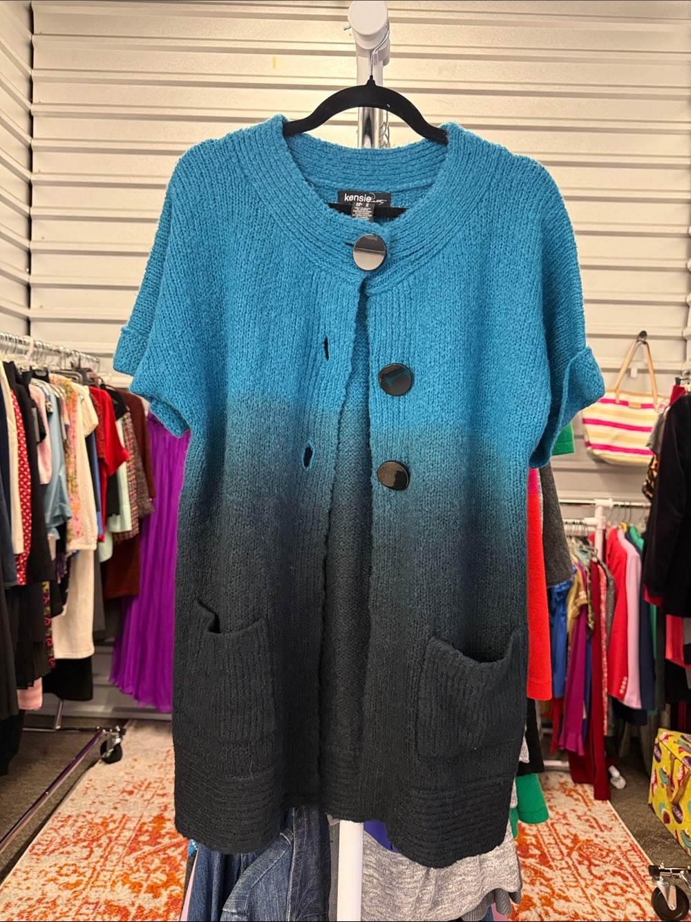 Kensie Teal to Charcoal Ombre Short-Sleeve Cardigan